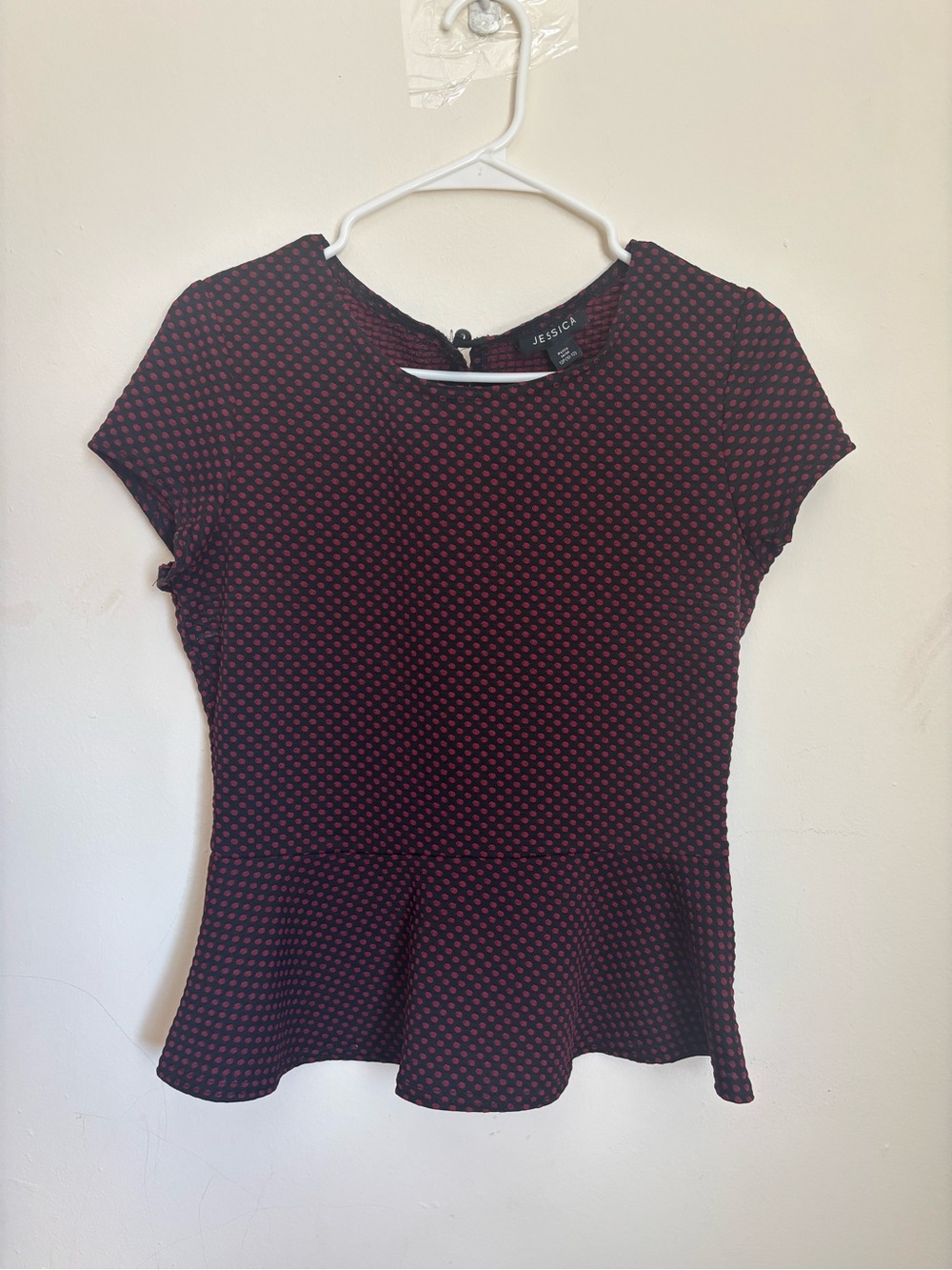 Jessica Petite Polka Dot Peplum Top Black Burgundy Size Medium 12P